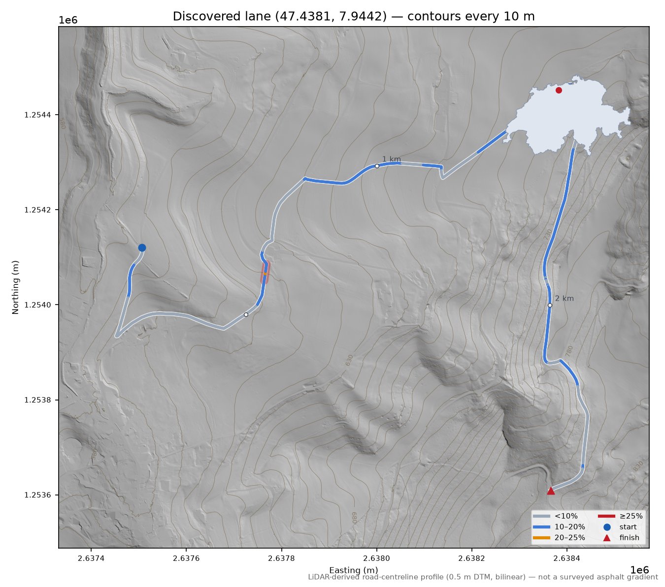 Discovered lane (47.4381, 7.9442) LiDAR hillshade map with contours