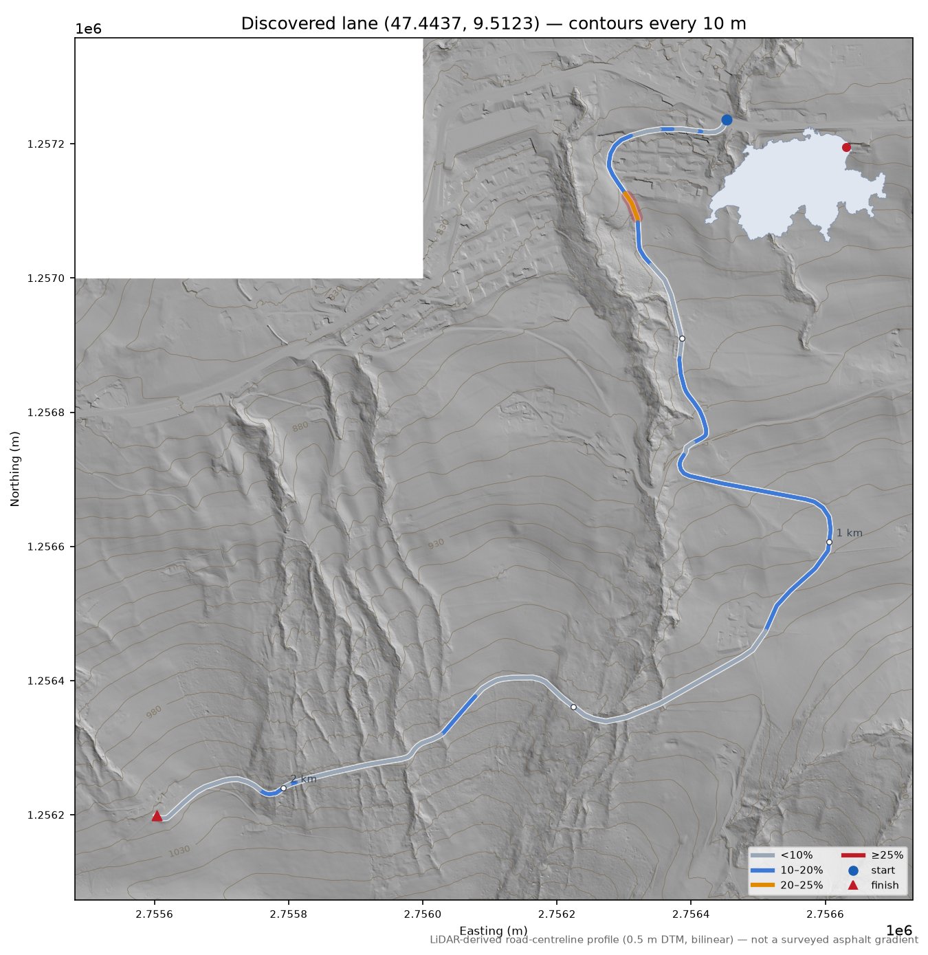 Discovered lane (47.4437, 9.5123) LiDAR hillshade map with contours