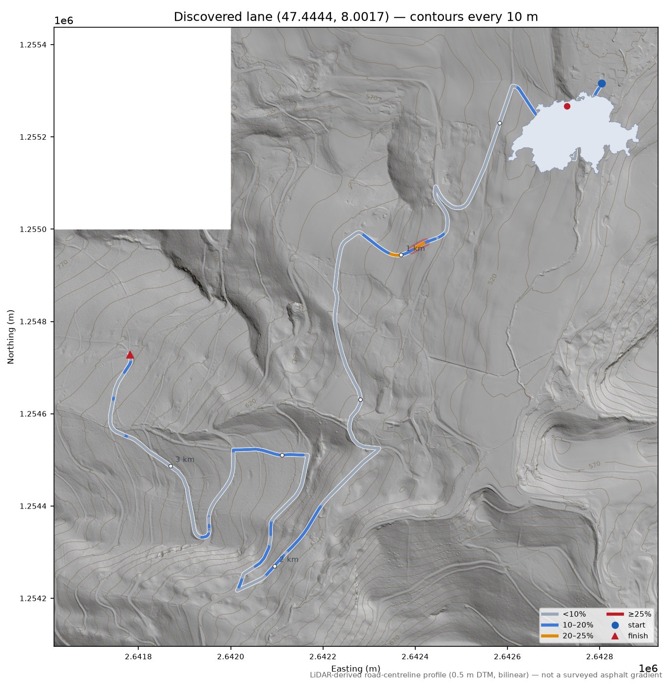 Discovered lane (47.4444, 8.0017) LiDAR hillshade map with contours