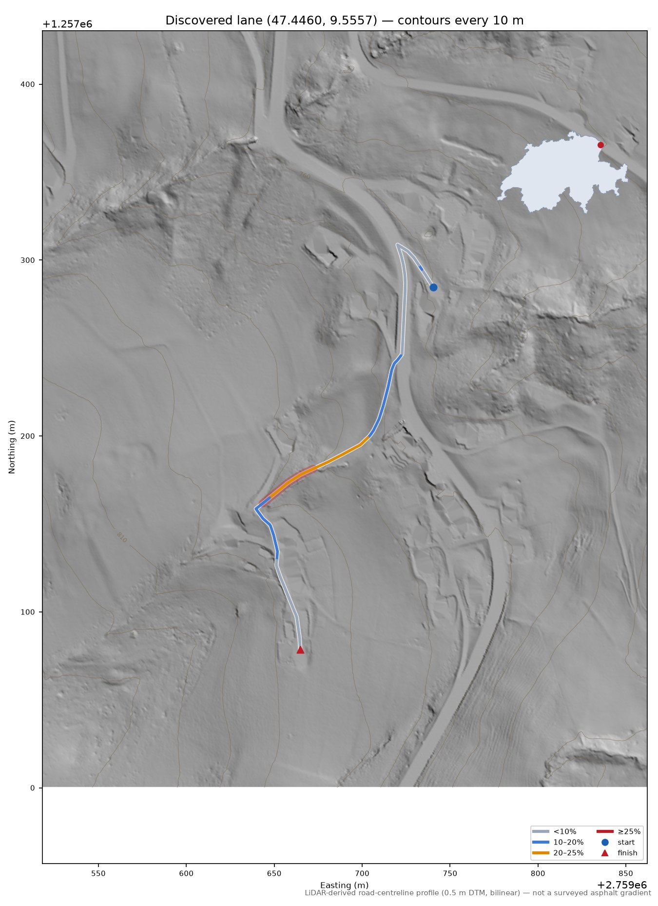 Discovered lane (47.4460, 9.5557) LiDAR hillshade map with contours