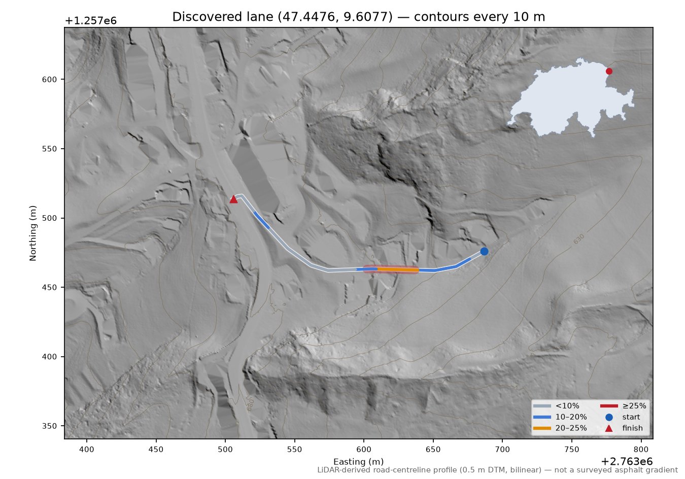 Discovered lane (47.4476, 9.6077) LiDAR hillshade map with contours