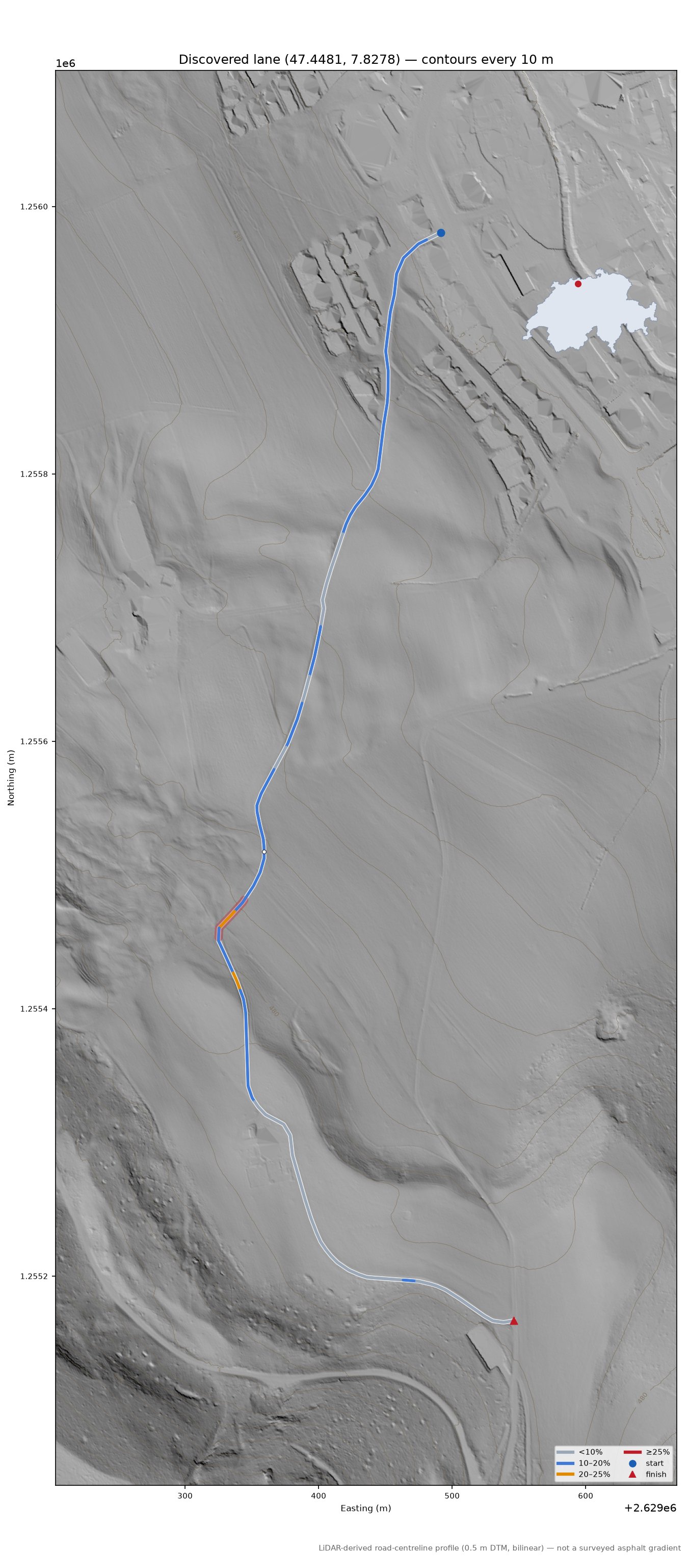 Discovered lane (47.4481, 7.8278) LiDAR hillshade map with contours