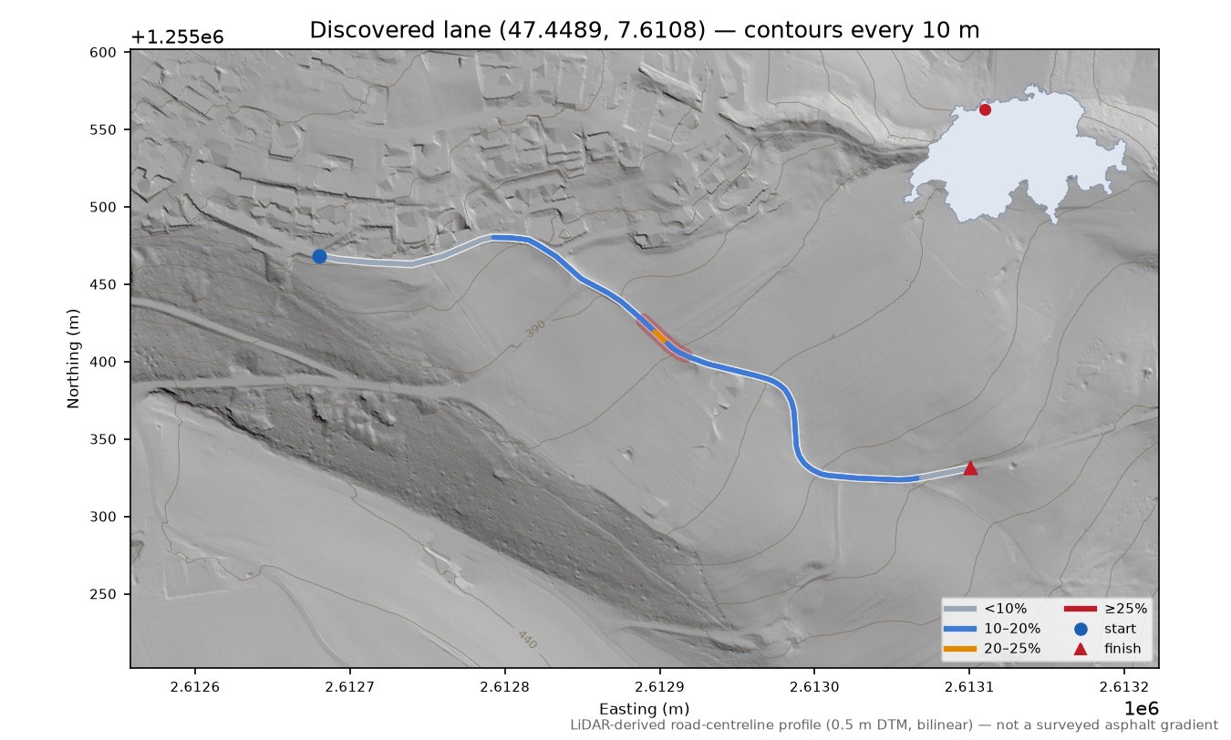 Discovered lane (47.4489, 7.6108) LiDAR hillshade map with contours