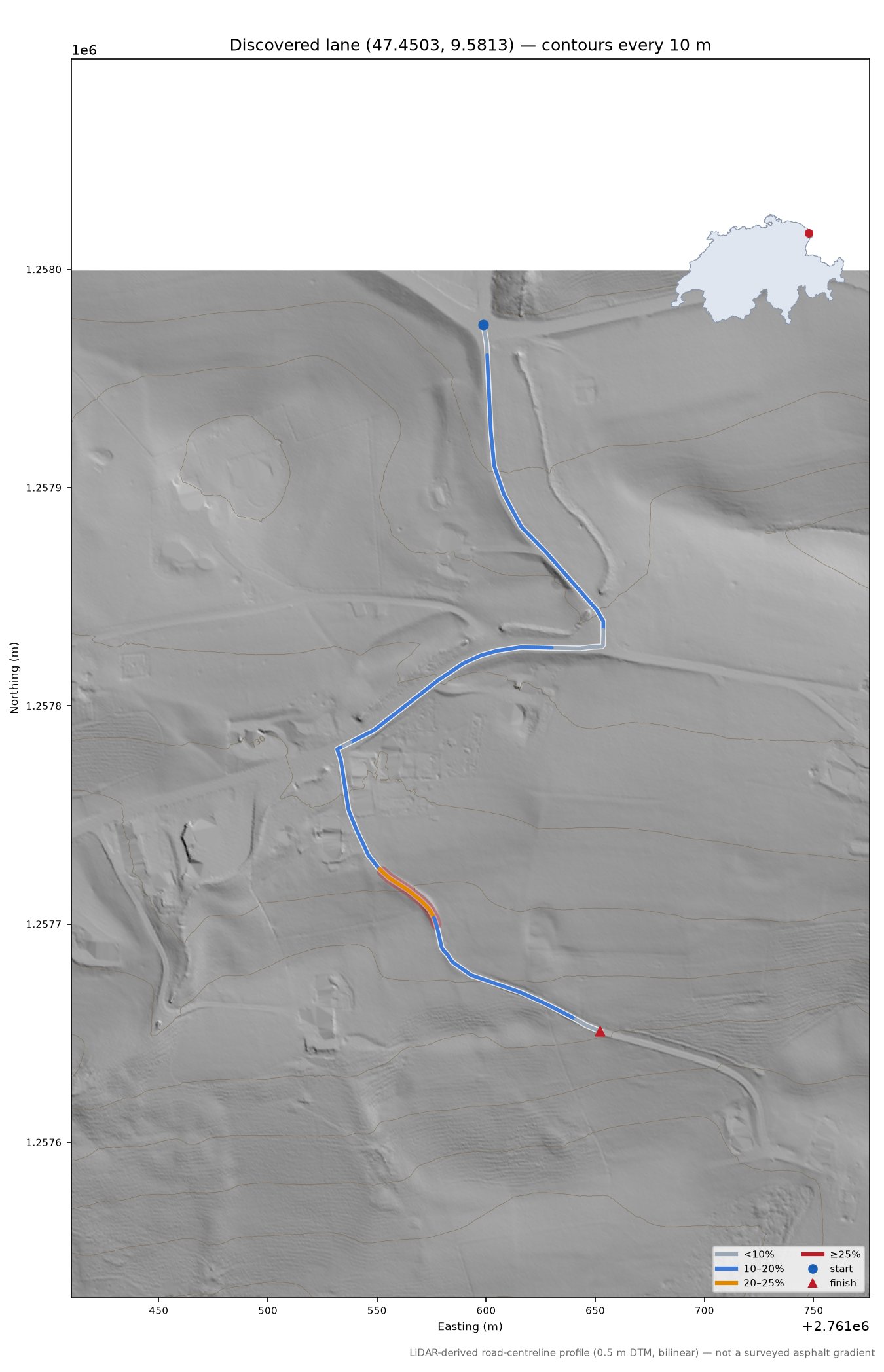 Discovered lane (47.4503, 9.5813) LiDAR hillshade map with contours