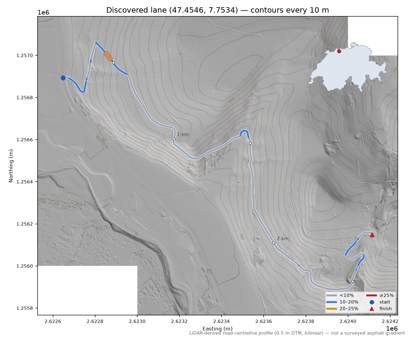 Discovered lane (47.4546, 7.7534) LiDAR hillshade map with contours