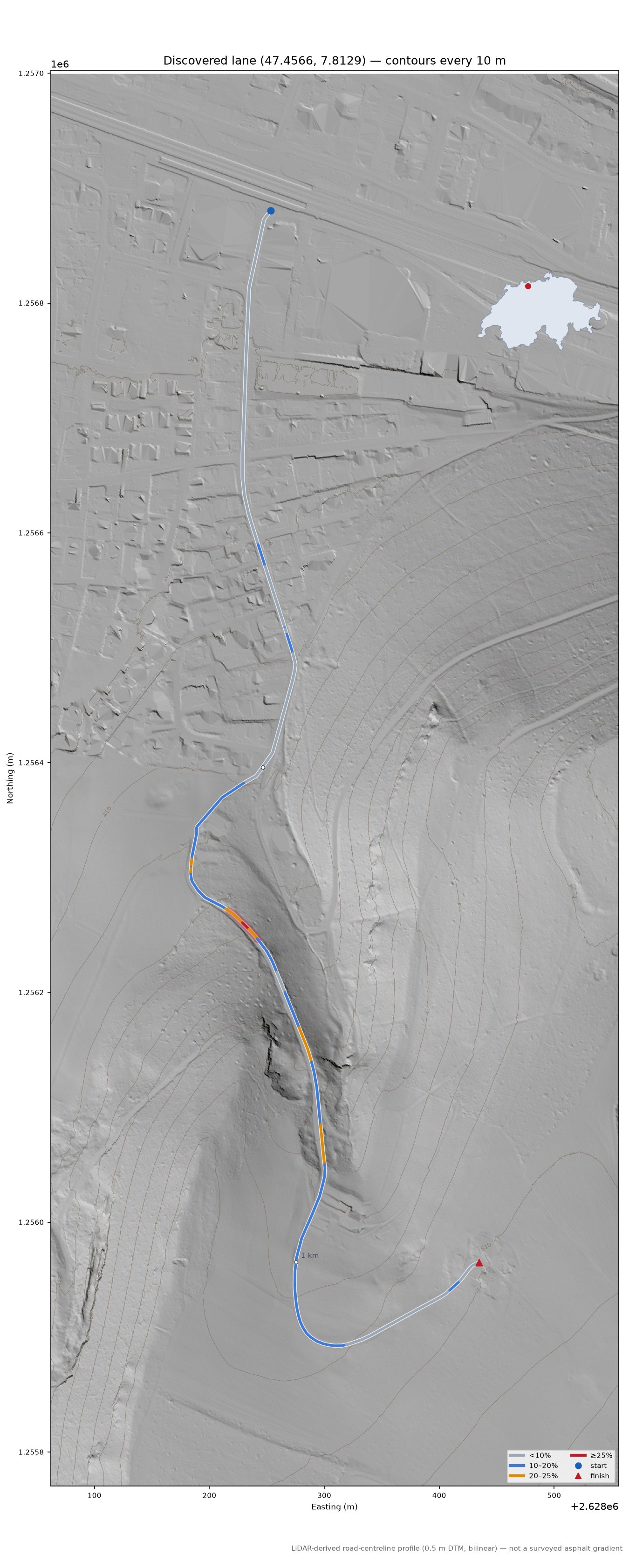 Discovered lane (47.4566, 7.8129) LiDAR hillshade map with contours