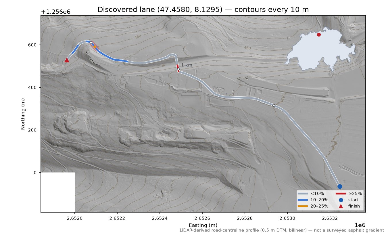 Discovered lane (47.4580, 8.1295) LiDAR hillshade map with contours