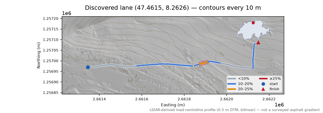 Discovered lane (47.4615, 8.2626) LiDAR hillshade map with contours