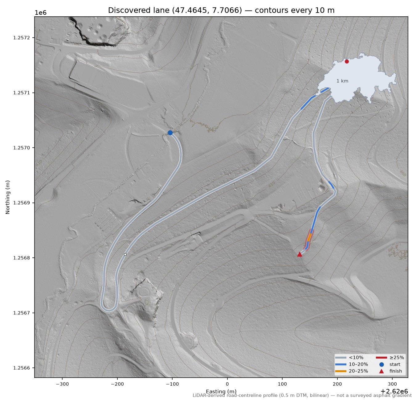 Discovered lane (47.4645, 7.7066) LiDAR hillshade map with contours
