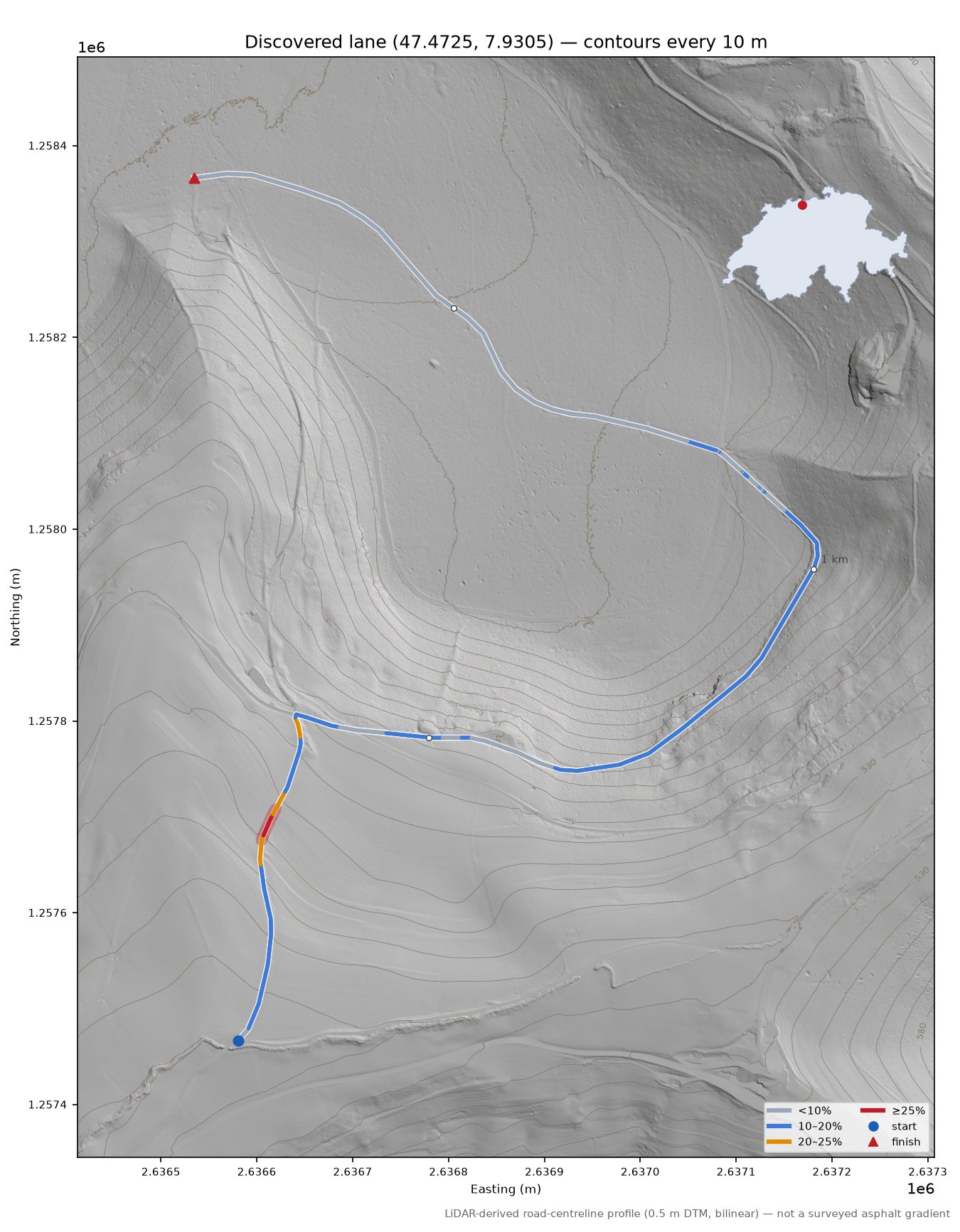 Discovered lane (47.4725, 7.9305) LiDAR hillshade map with contours