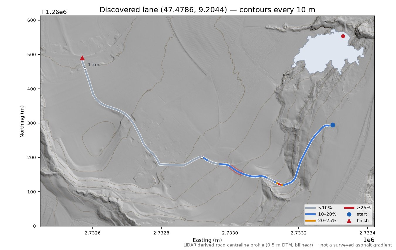 Discovered lane (47.4786, 9.2044) LiDAR hillshade map with contours