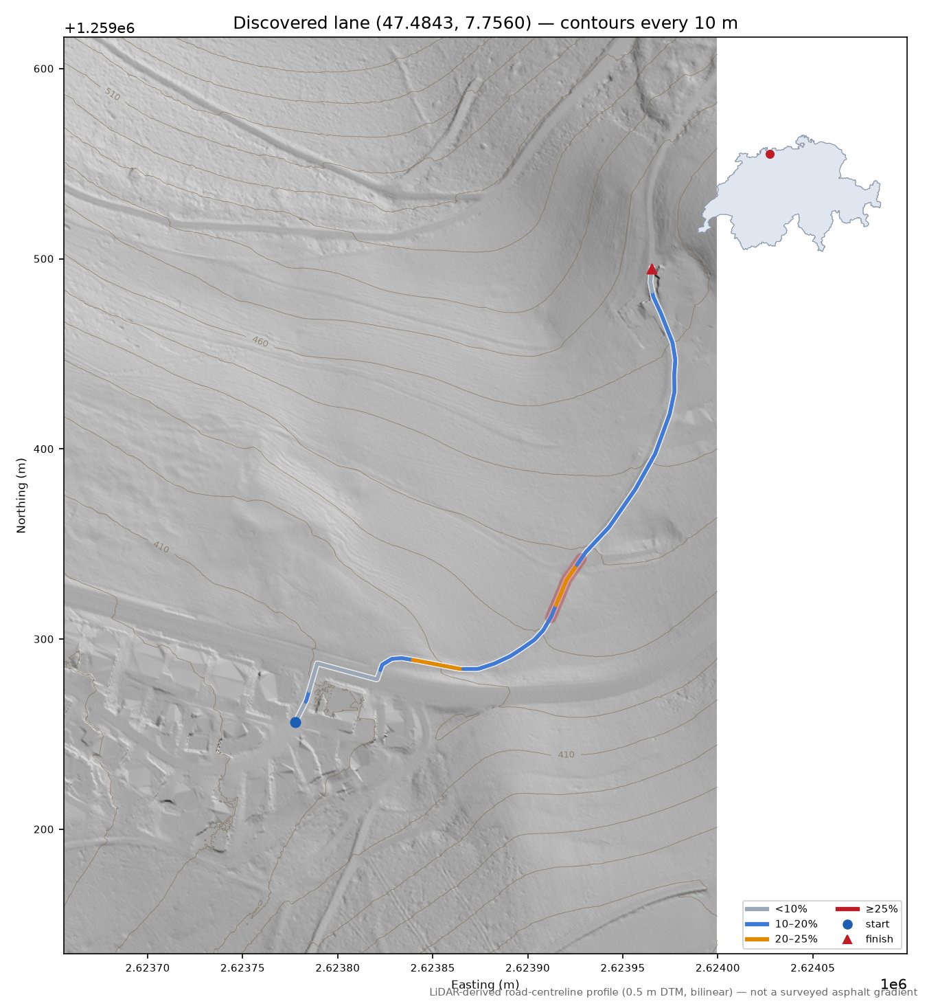 Discovered lane (47.4843, 7.7560) LiDAR hillshade map with contours