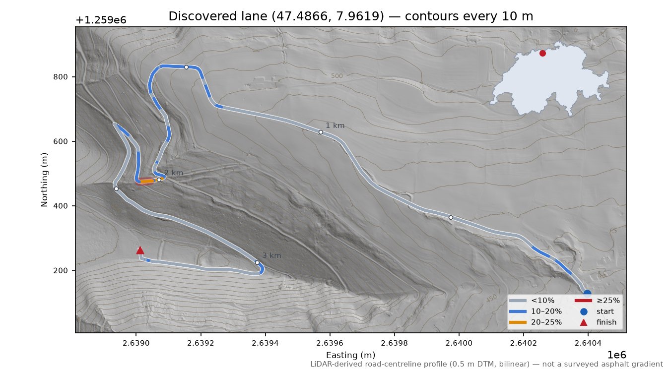 Discovered lane (47.4866, 7.9619) LiDAR hillshade map with contours