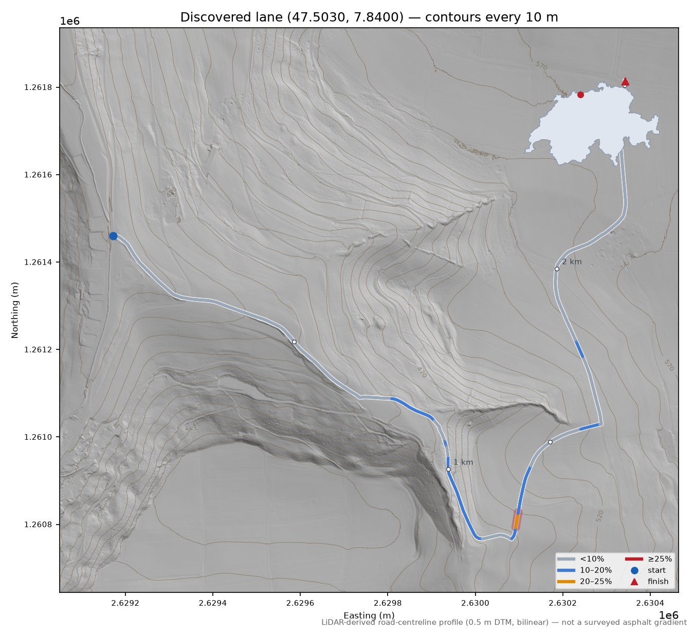 Discovered lane (47.5030, 7.8400) LiDAR hillshade map with contours