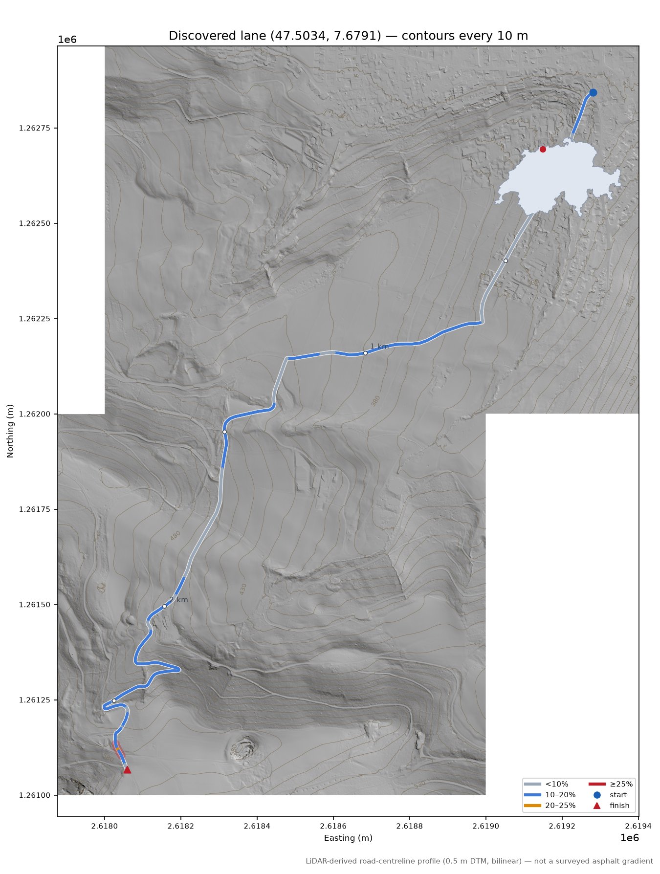 Discovered lane (47.5034, 7.6791) LiDAR hillshade map with contours