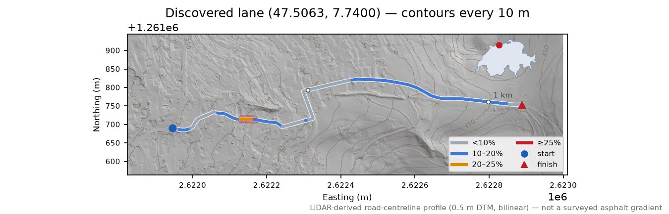 Discovered lane (47.5063, 7.7400) LiDAR hillshade map with contours