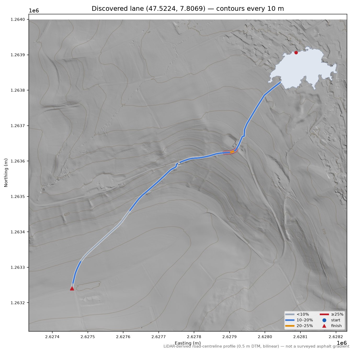 Discovered lane (47.5224, 7.8069) LiDAR hillshade map with contours