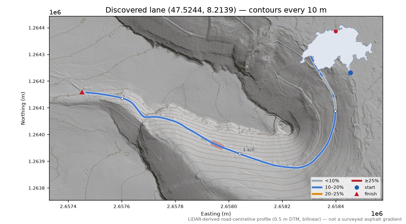 Discovered lane (47.5244, 8.2139) LiDAR hillshade map with contours