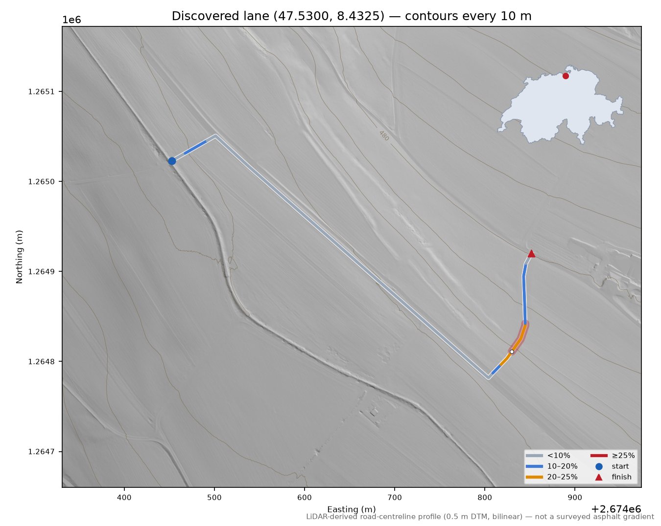 Discovered lane (47.5300, 8.4325) LiDAR hillshade map with contours