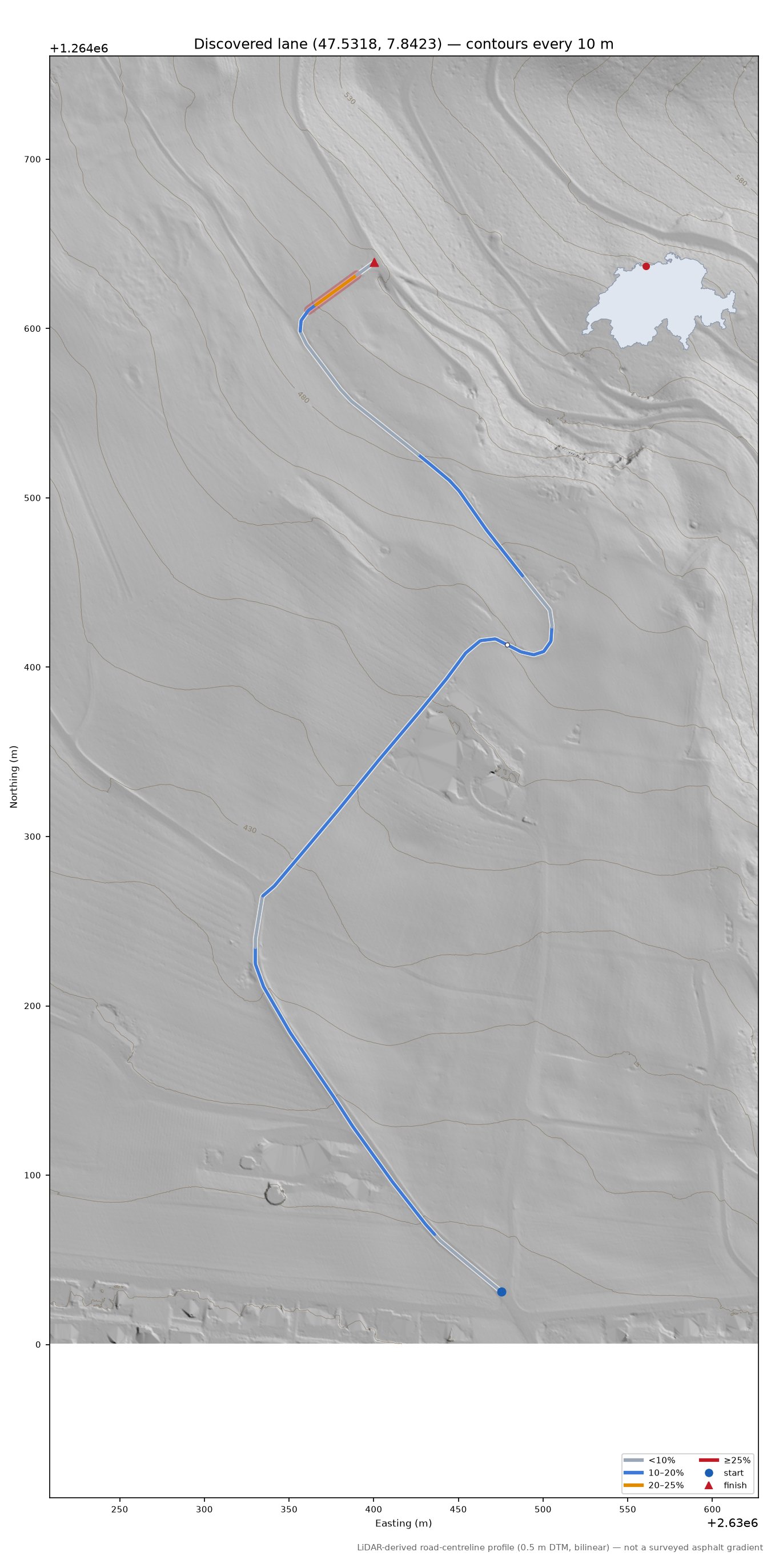 Discovered lane (47.5318, 7.8423) LiDAR hillshade map with contours