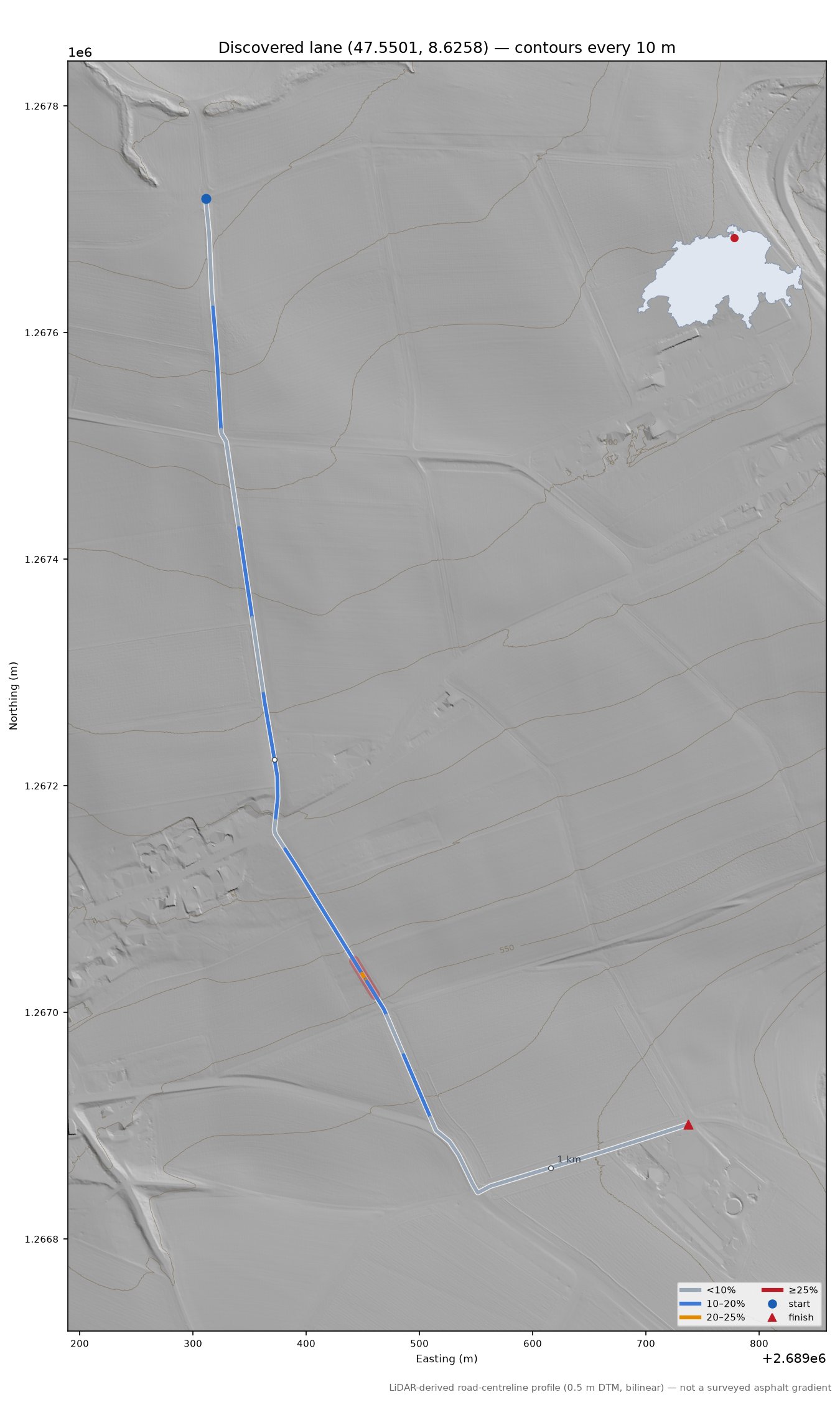 Discovered lane (47.5501, 8.6258) LiDAR hillshade map with contours