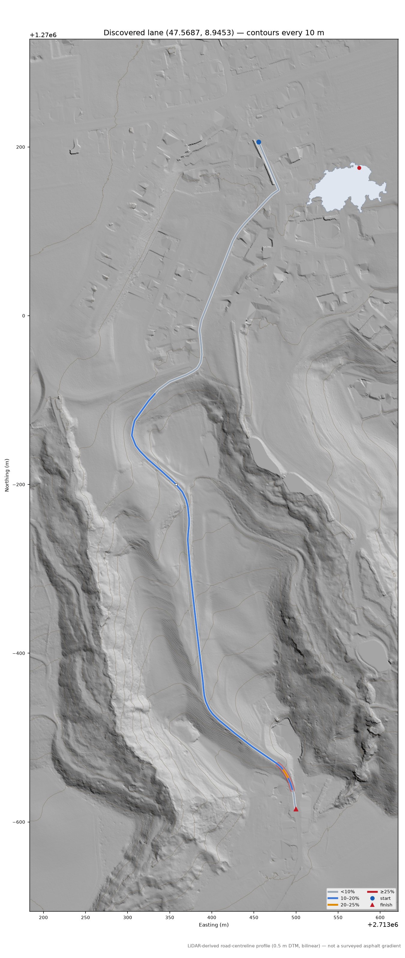 Discovered lane (47.5687, 8.9453) LiDAR hillshade map with contours