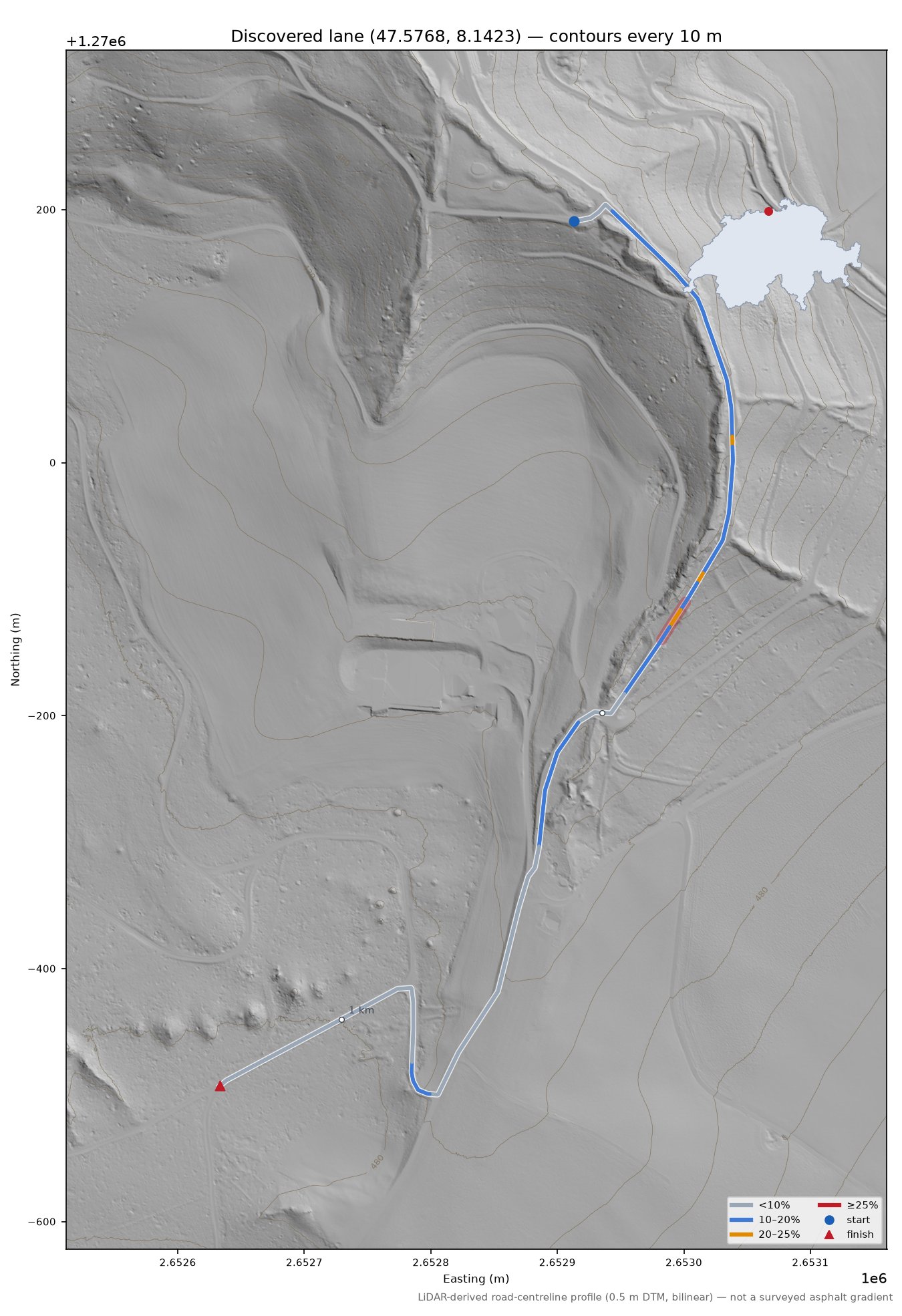 Discovered lane (47.5768, 8.1423) LiDAR hillshade map with contours