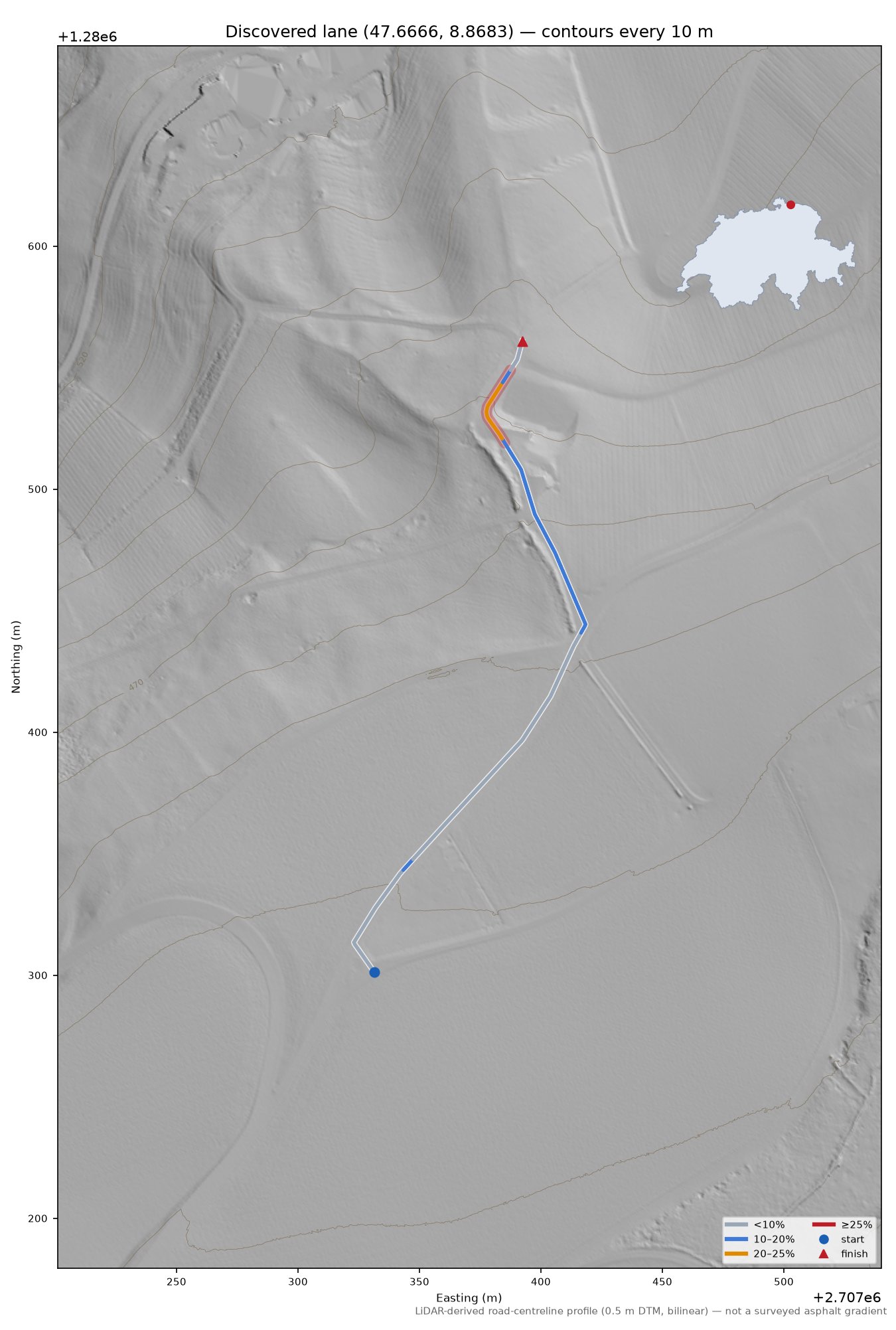 Discovered lane (47.6666, 8.8683) LiDAR hillshade map with contours