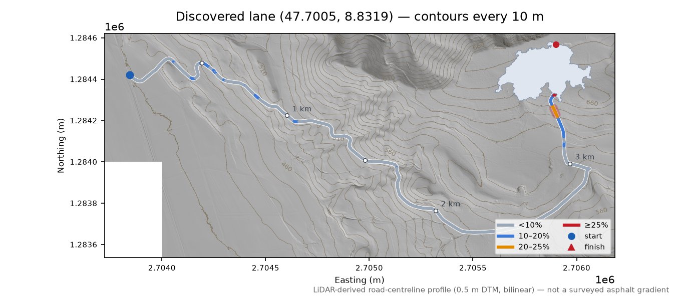 Discovered lane (47.7005, 8.8319) LiDAR hillshade map with contours