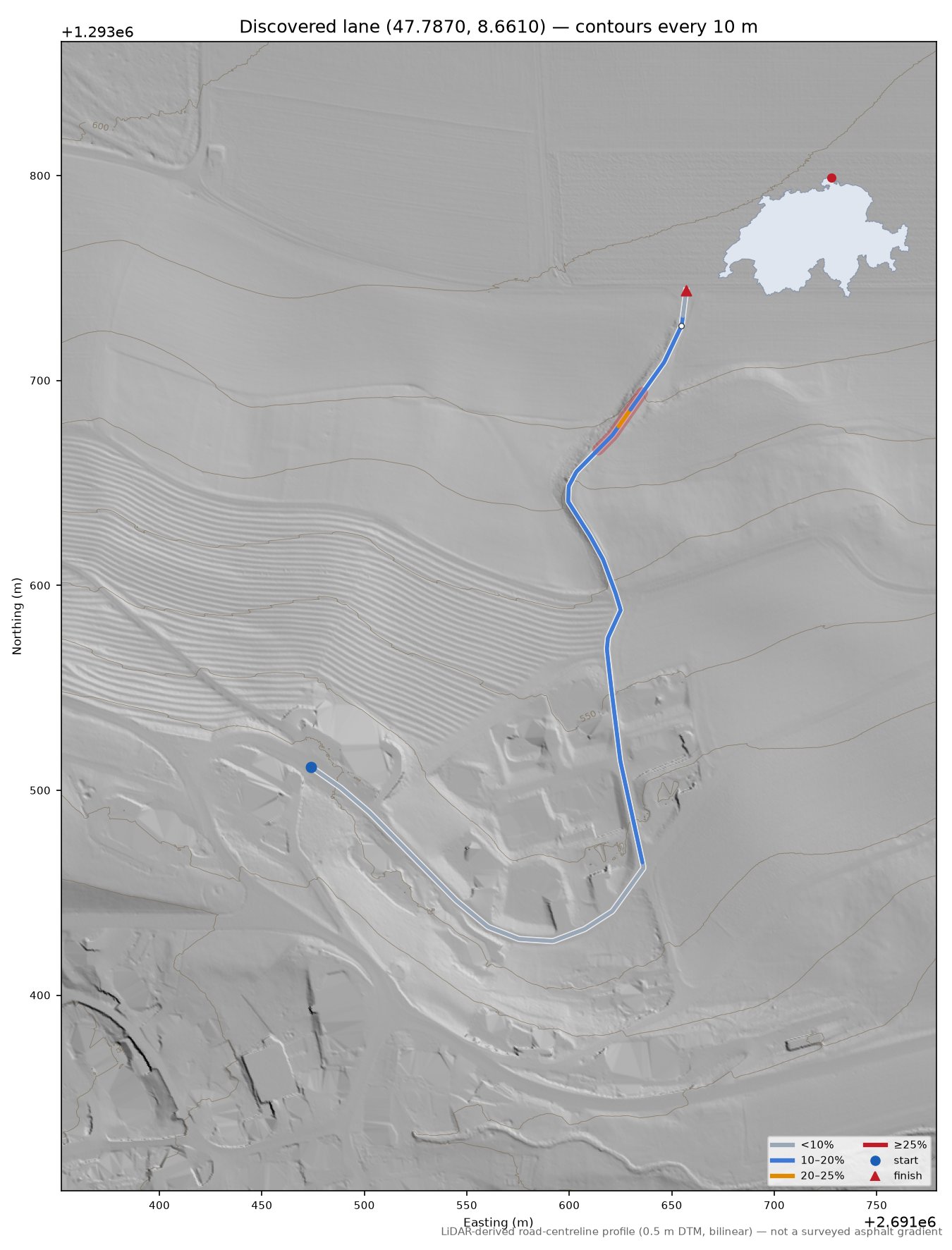 Discovered lane (47.7870, 8.6610) LiDAR hillshade map with contours
