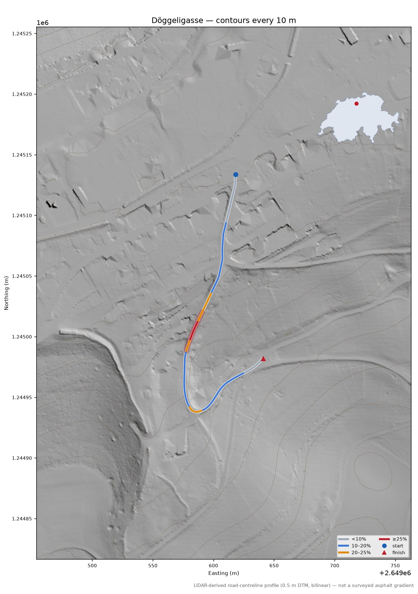 Döggeligasse LiDAR hillshade map with contours