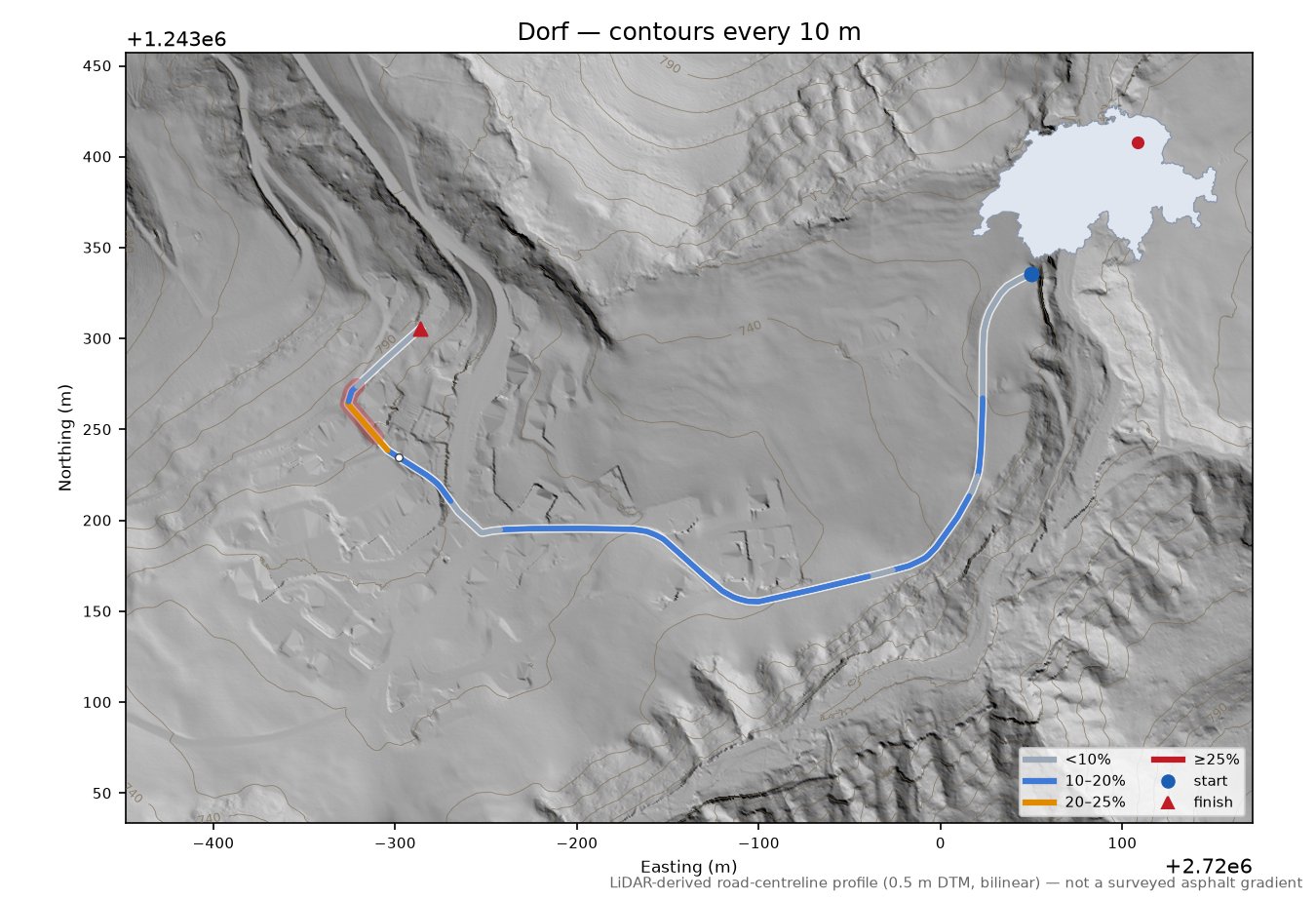 Dorf LiDAR hillshade map with contours