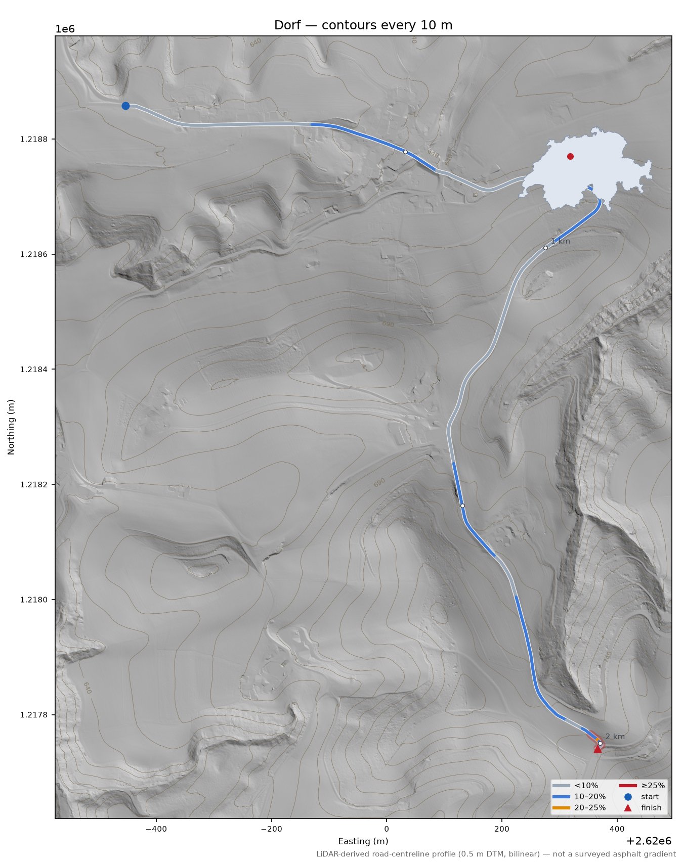 Dorf LiDAR hillshade map with contours