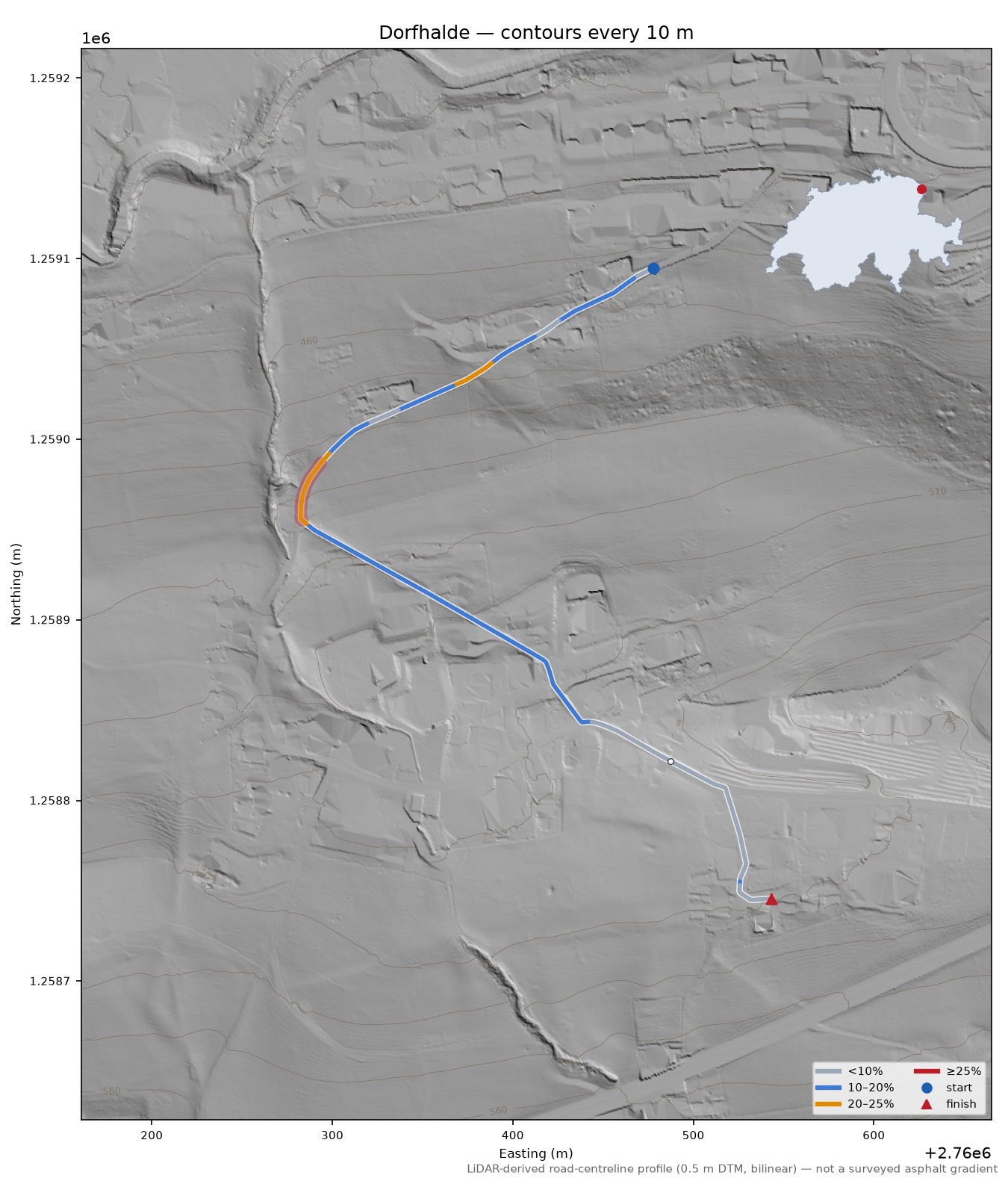 Dorfhalde LiDAR hillshade map with contours