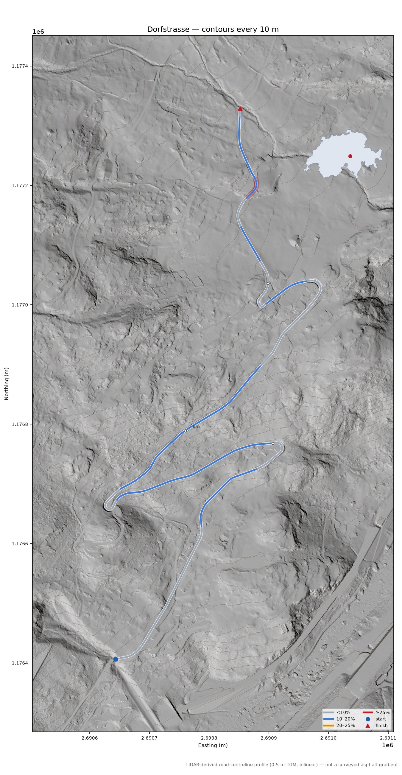 Dorfstrasse LiDAR hillshade map with contours