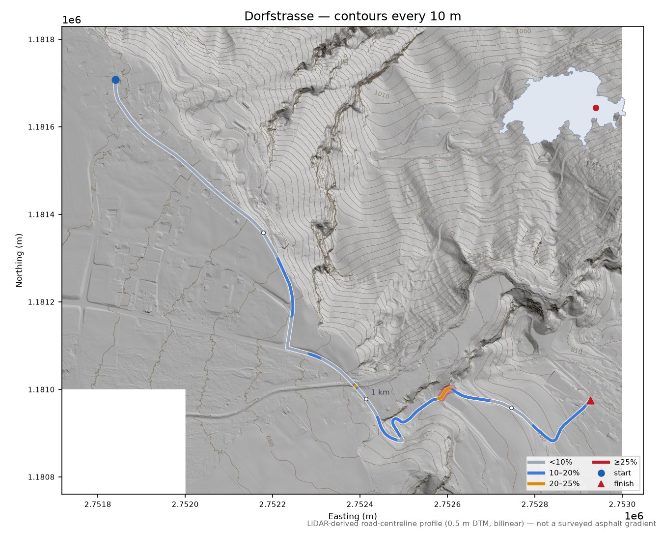 Dorfstrasse LiDAR hillshade map with contours