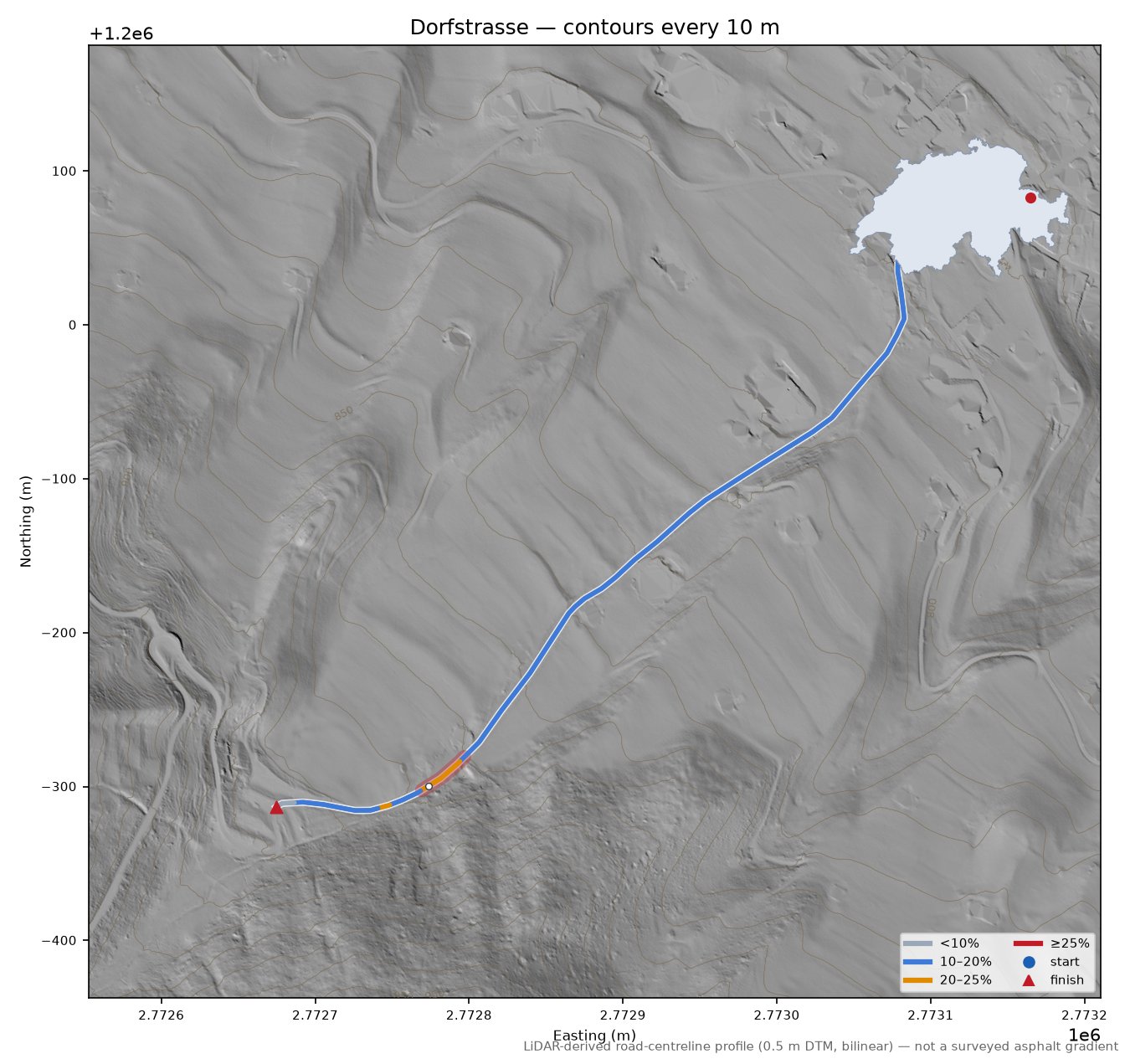 Dorfstrasse LiDAR hillshade map with contours