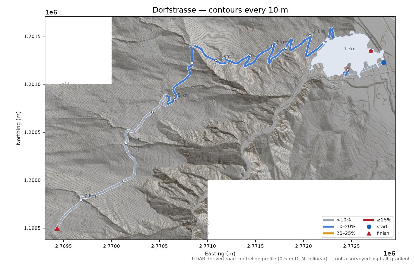 Dorfstrasse LiDAR hillshade map with contours