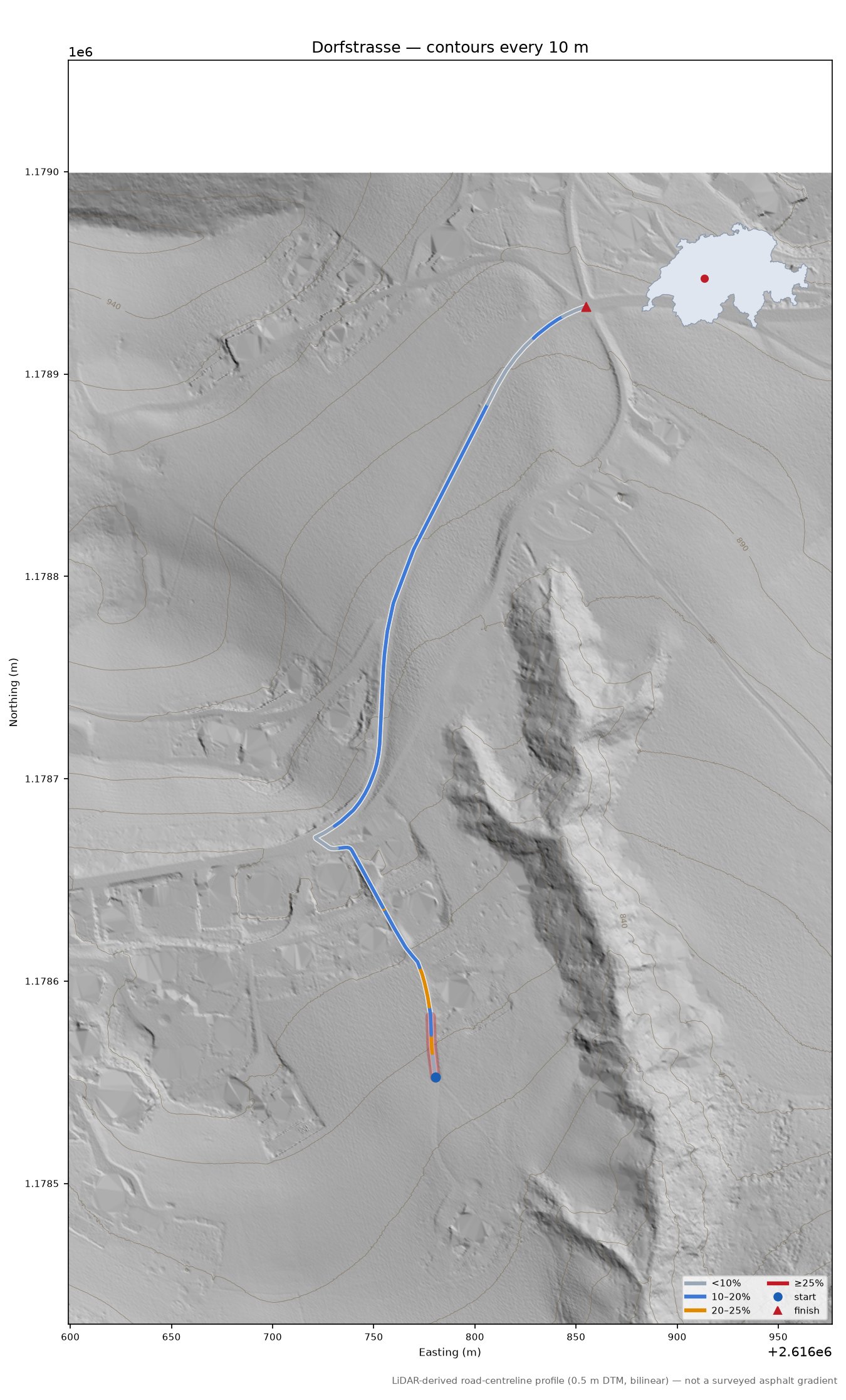 Dorfstrasse LiDAR hillshade map with contours