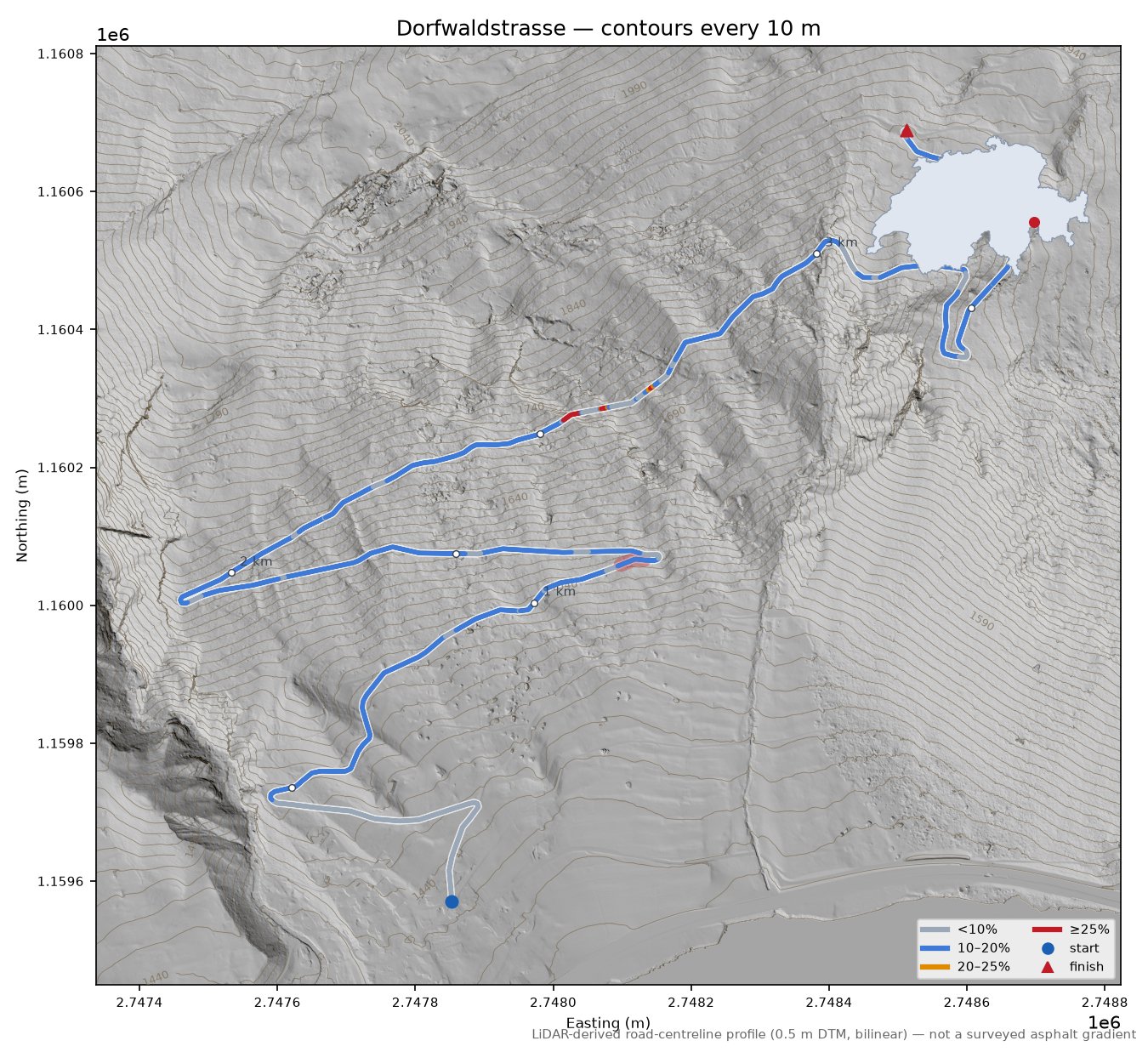Dorfwaldstrasse LiDAR hillshade map with contours