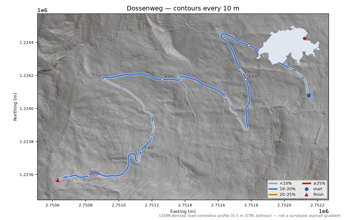Dossenweg LiDAR hillshade map with contours