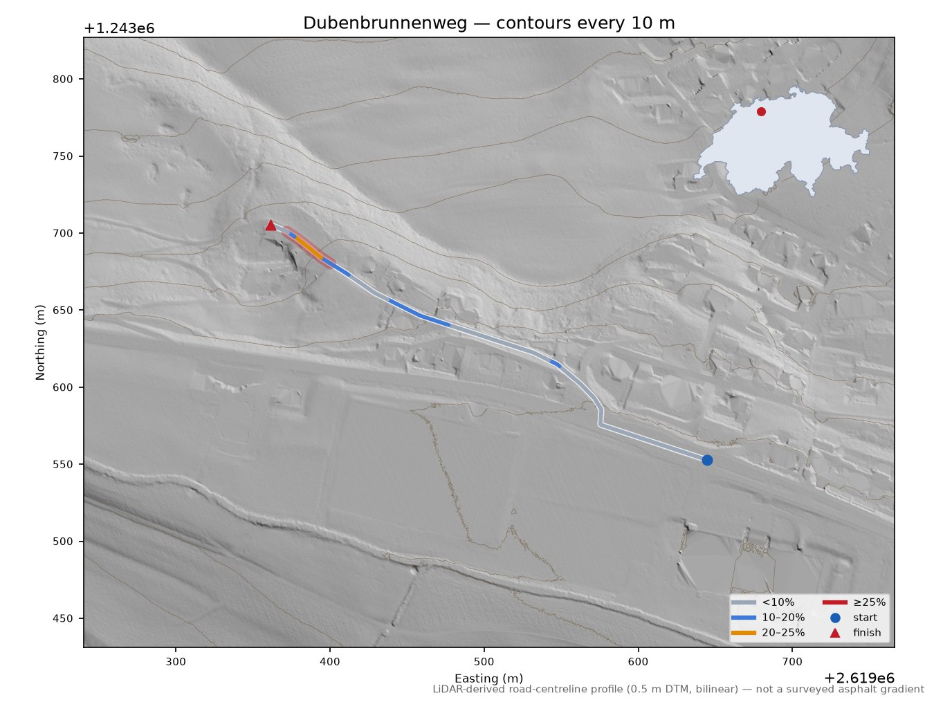Dubenbrunnenweg LiDAR hillshade map with contours