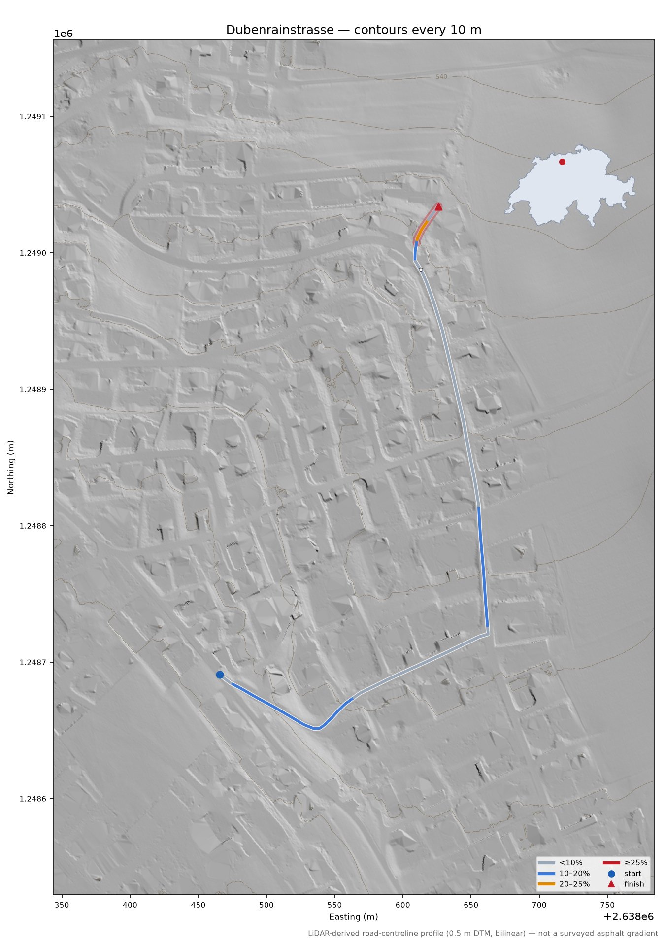 Dubenrainstrasse LiDAR hillshade map with contours
