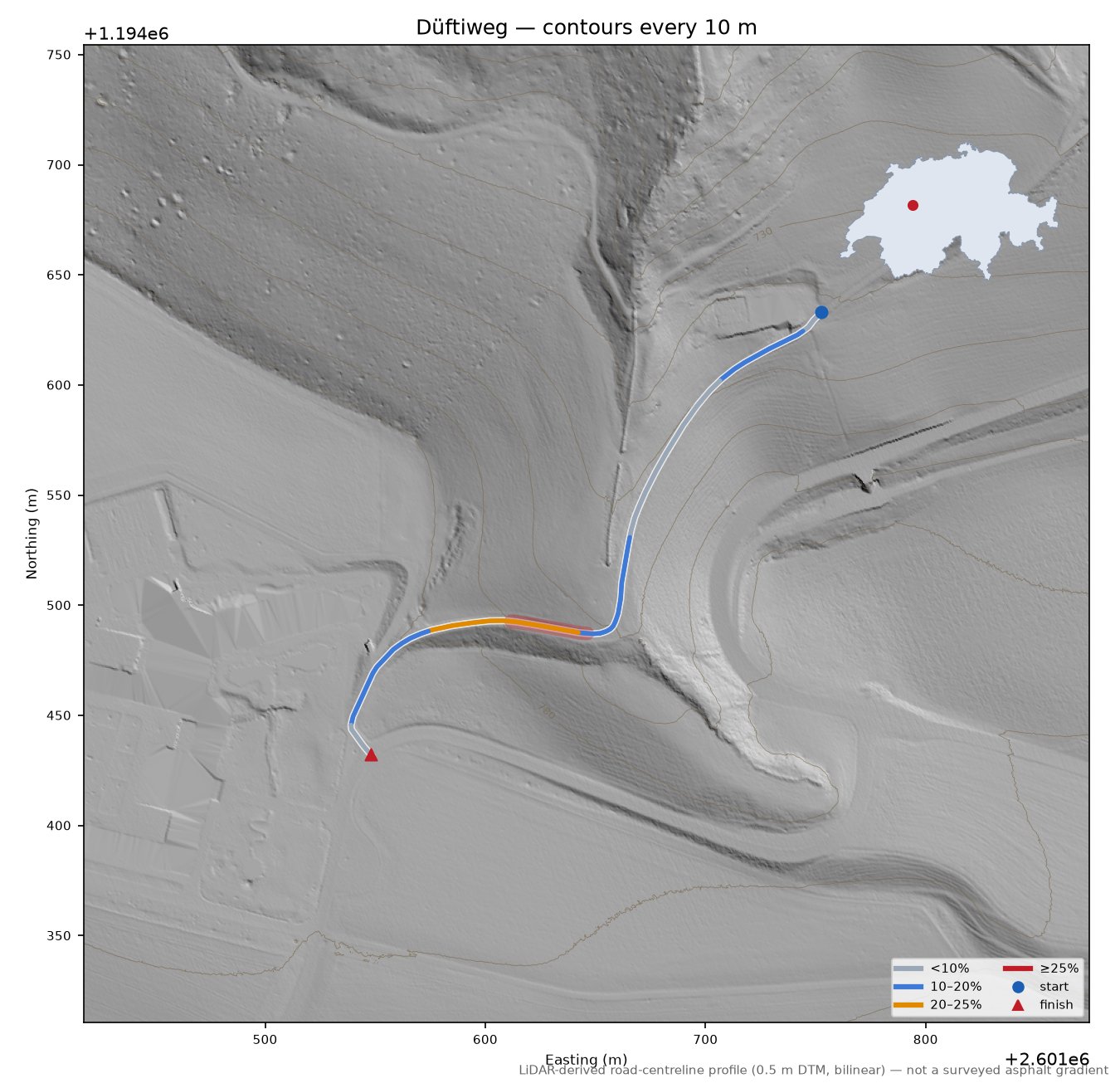 Düftiweg LiDAR hillshade map with contours