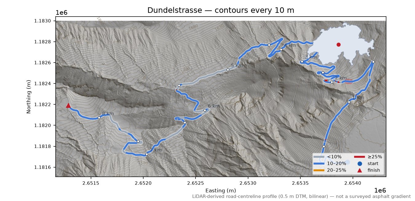 Dundelstrasse LiDAR hillshade map with contours