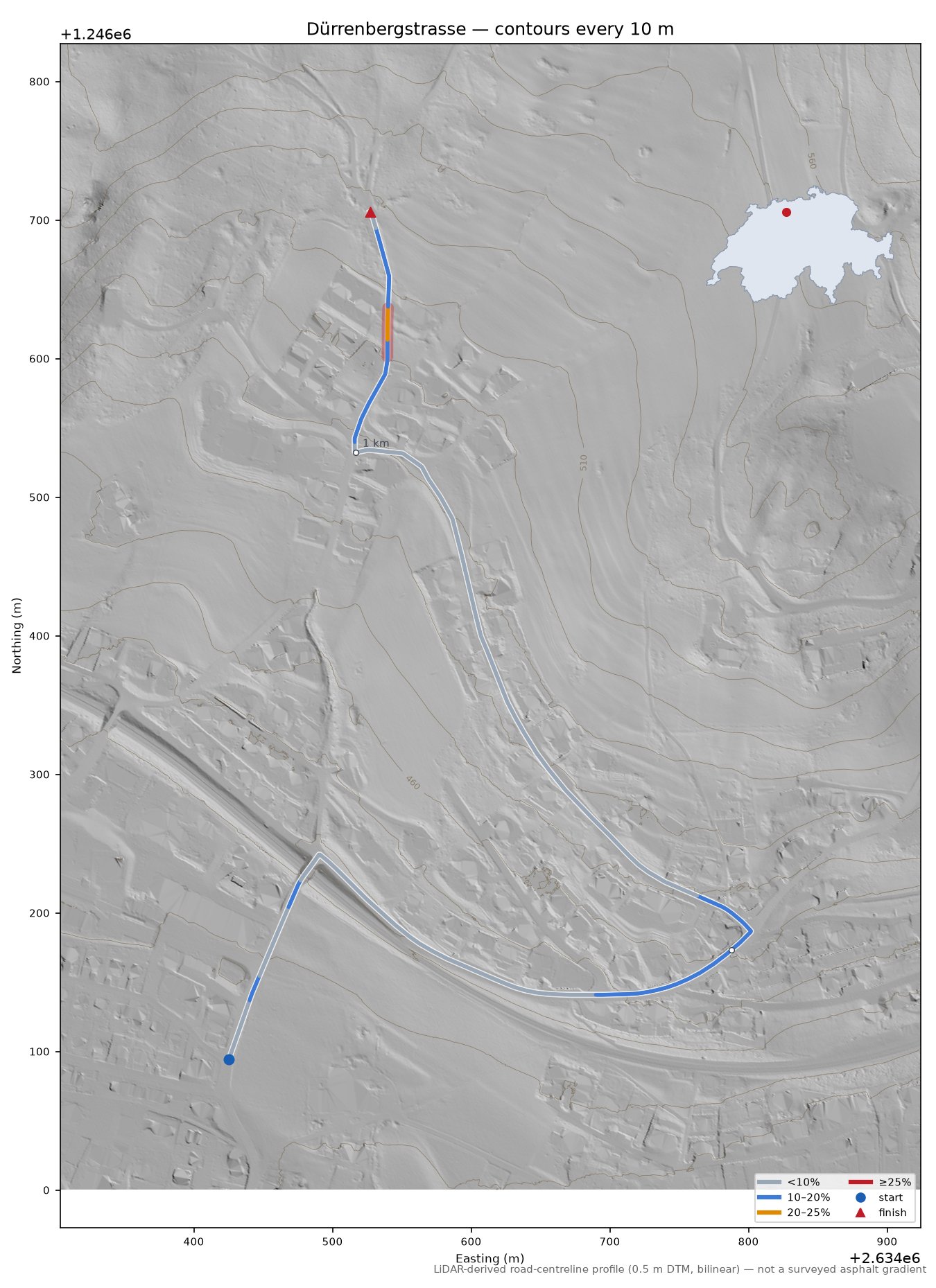 Dürrenbergstrasse LiDAR hillshade map with contours