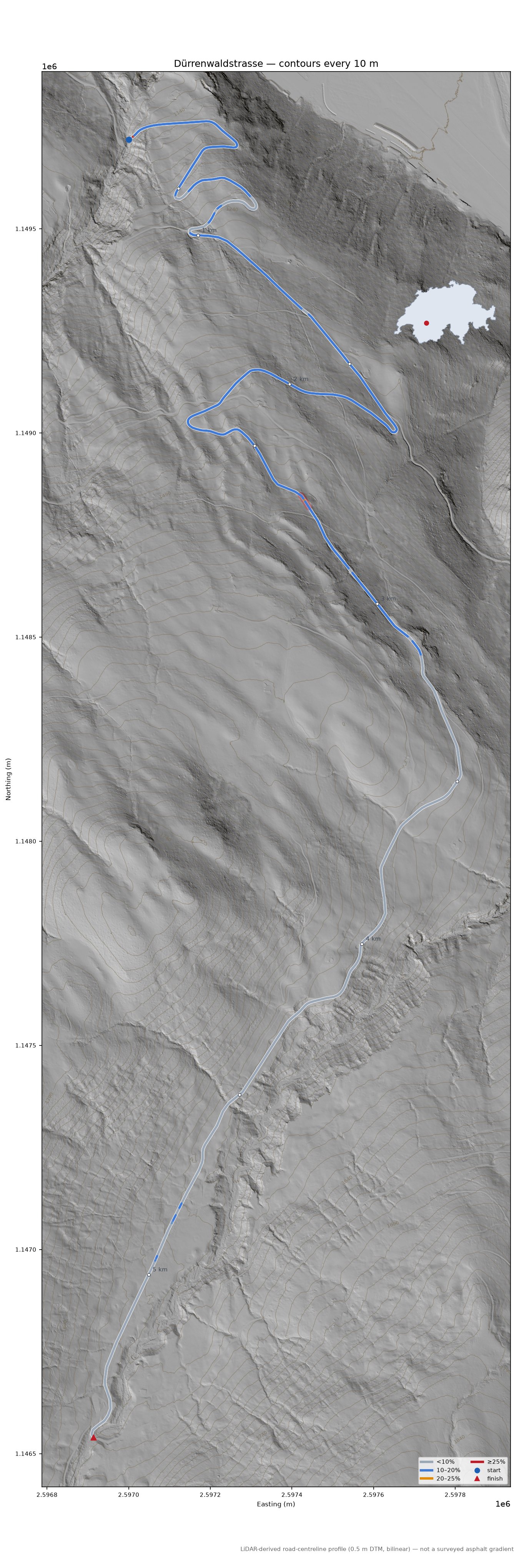Dürrenwaldstrasse LiDAR hillshade map with contours