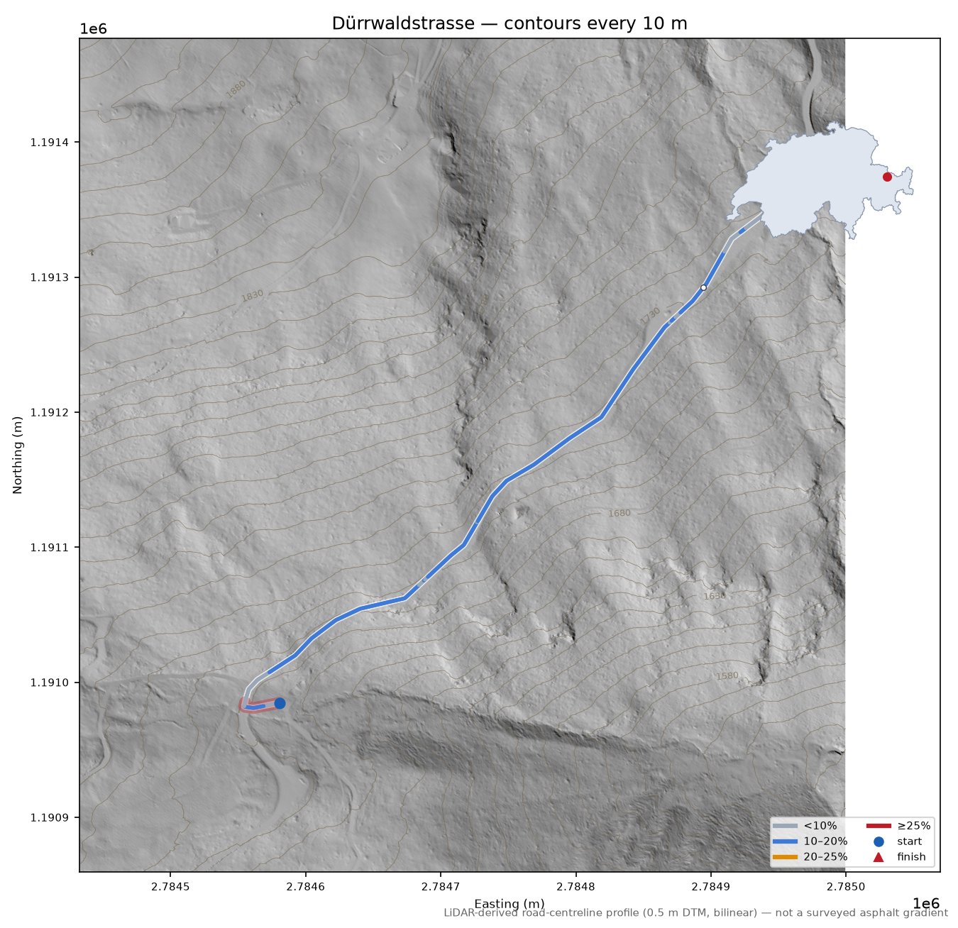 Dürrwaldstrasse LiDAR hillshade map with contours