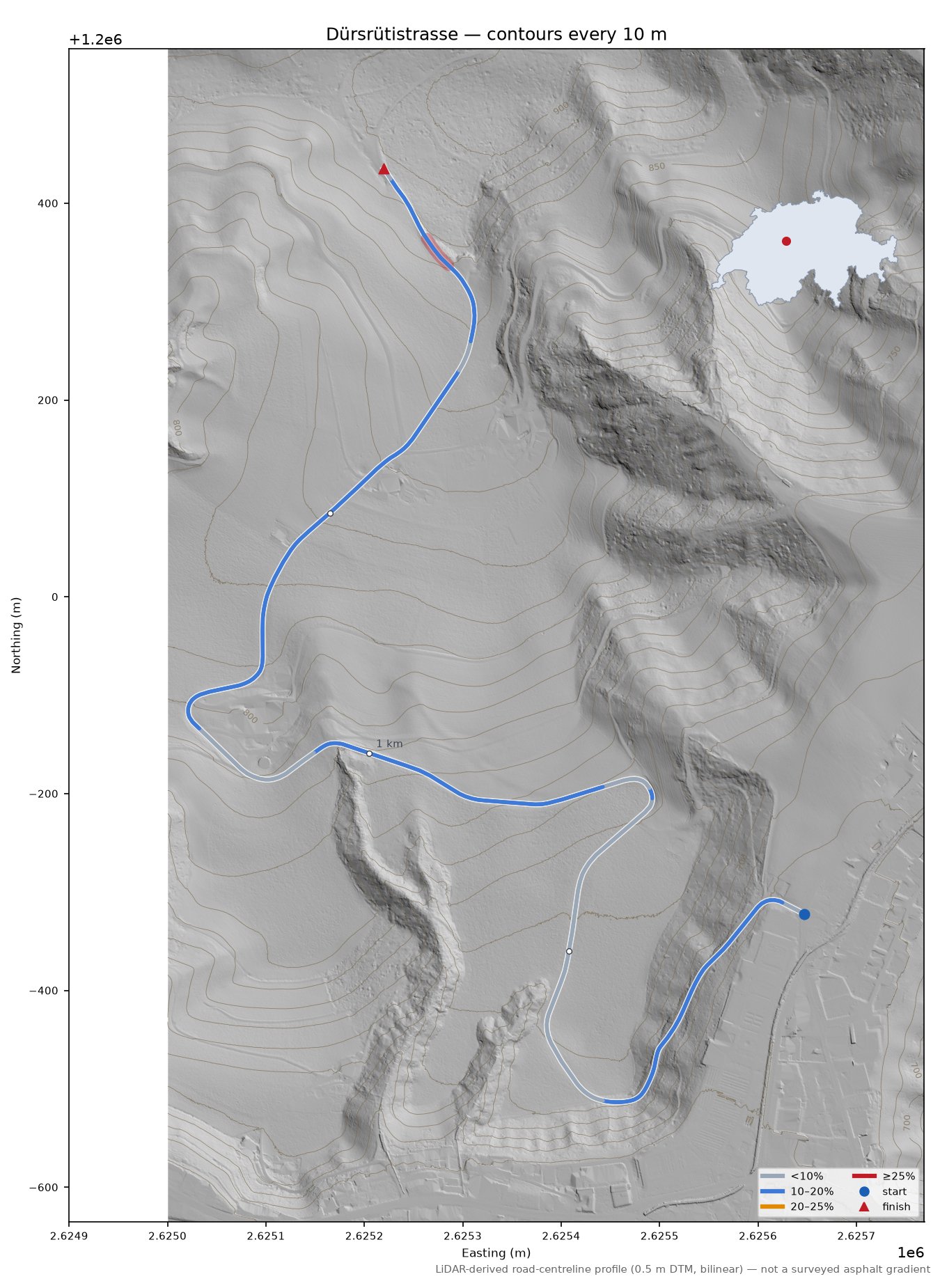 Dürsrütistrasse LiDAR hillshade map with contours
