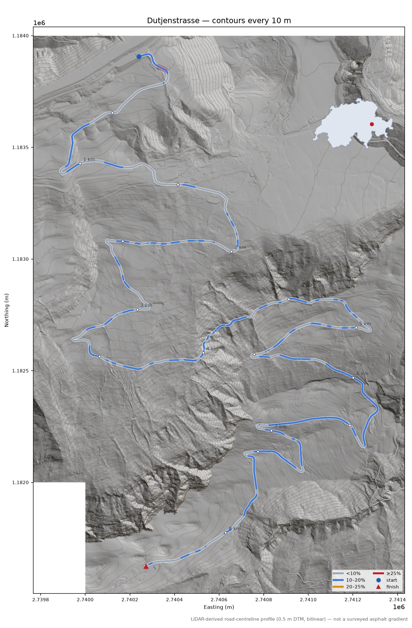 Dutjenstrasse LiDAR hillshade map with contours
